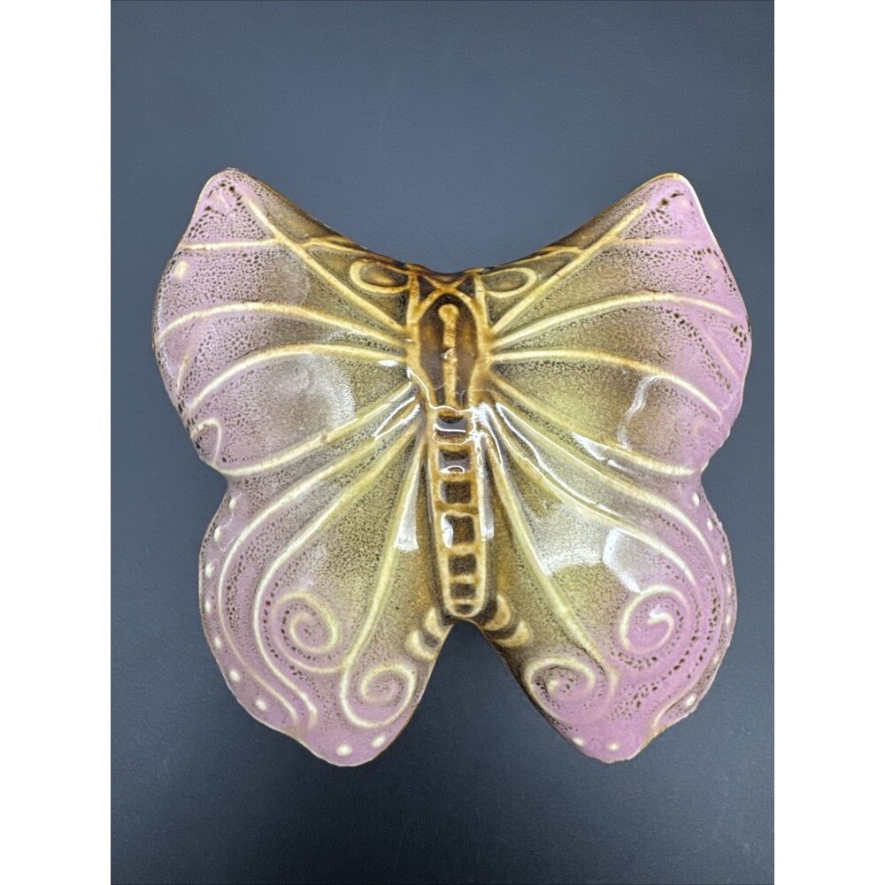 Vintage Glazed Ceramic Butterfly Pink Trinket Dish Stash Box